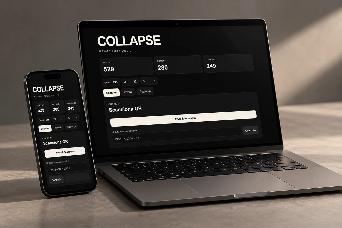 Presentation mockup of the COLLAPSE scanner on a laptop and phone