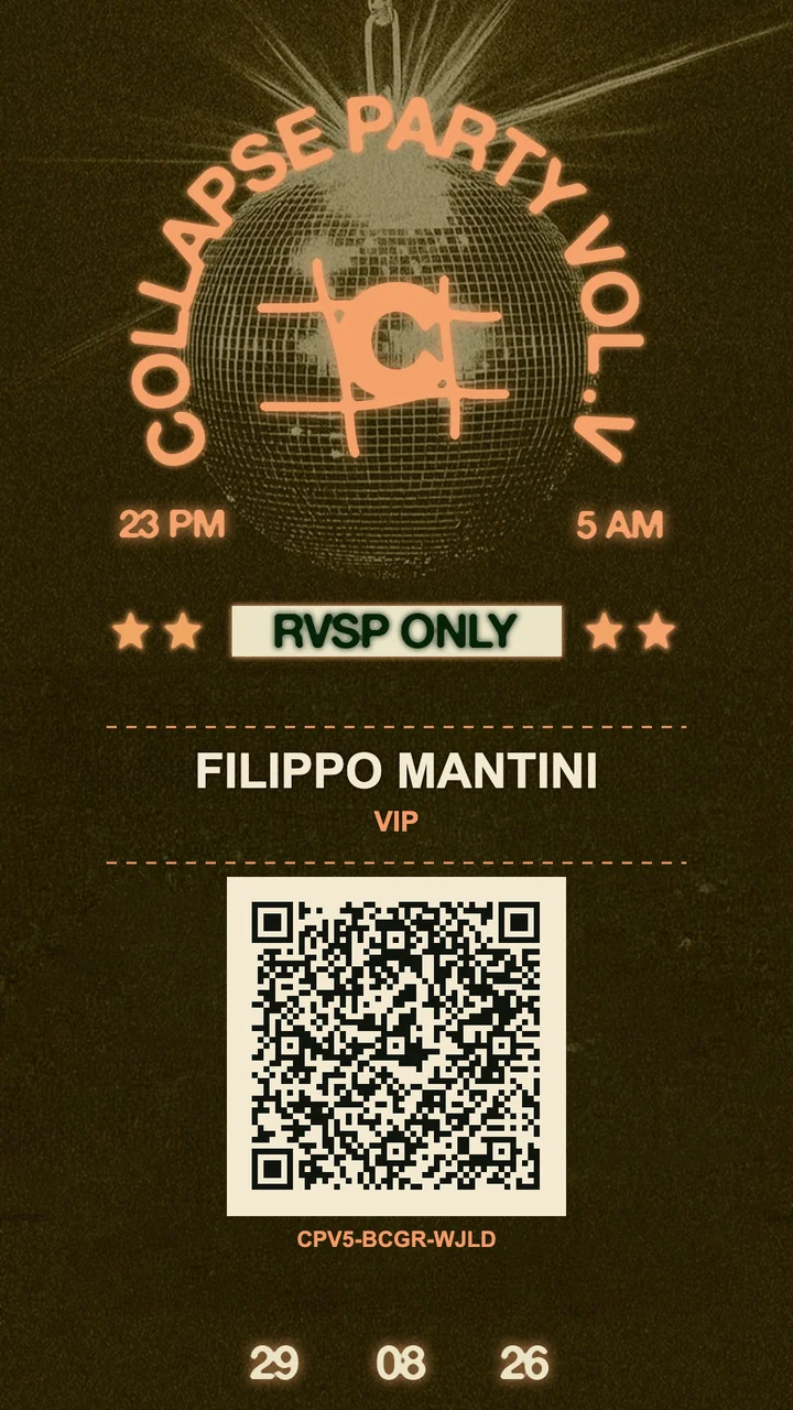 Original invitation for Filippo Mantini, VIP, COLLAPSE Private Party Vol. V, 29 August 2026