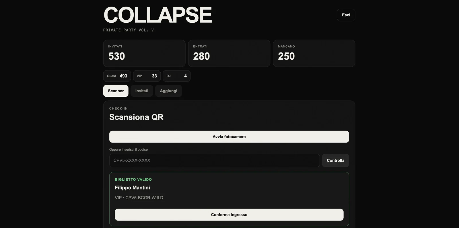 Original application screen showing the valid ticket of Filippo Mantini