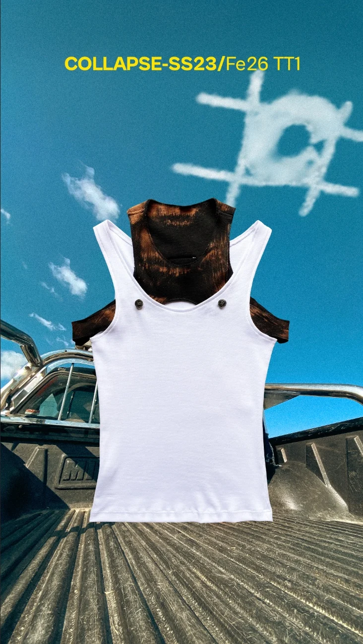 Original COLLAPSE SS23 Fe26 composition with a white tank top and pickup