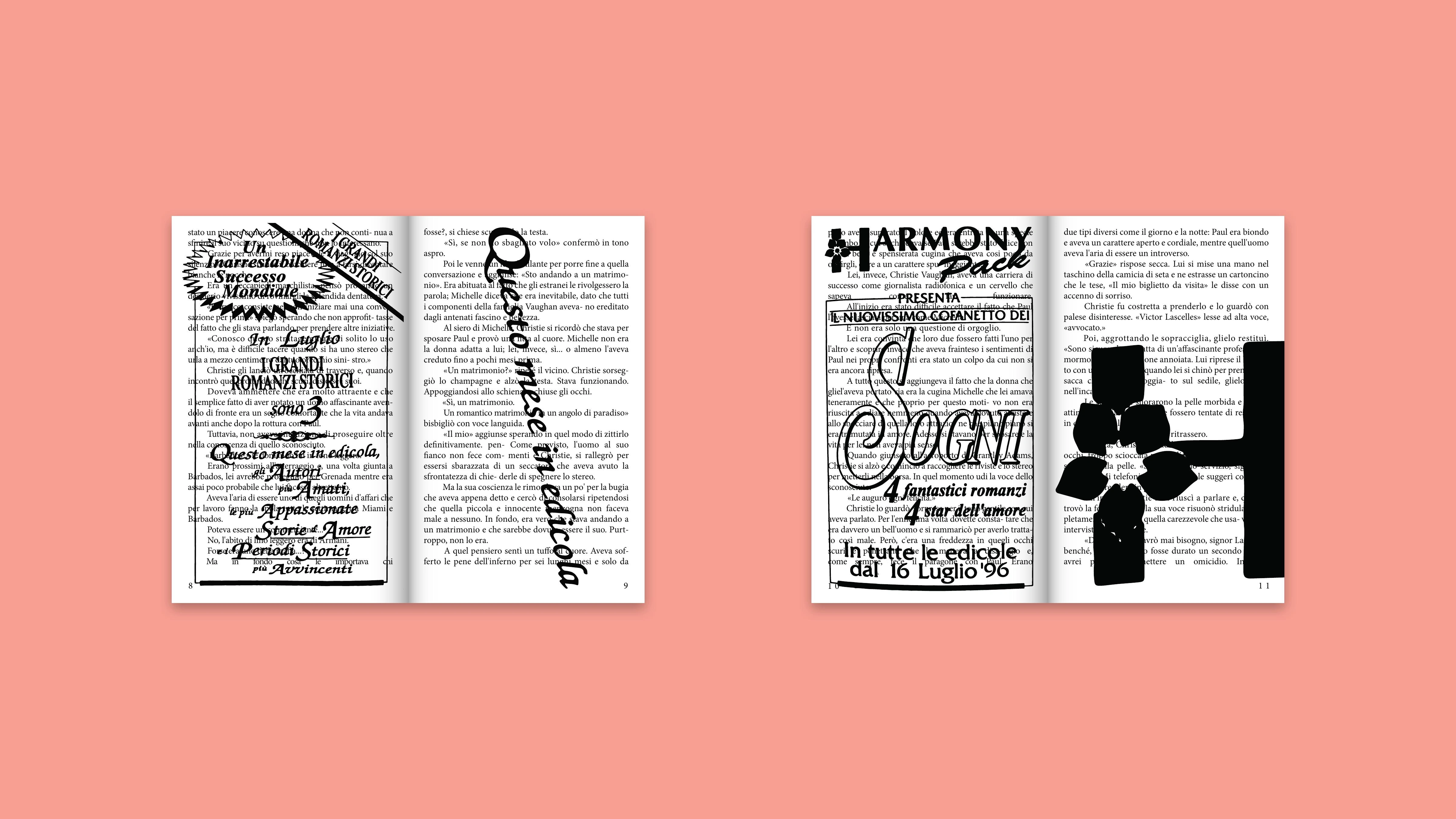 Harmony spreads with vectorised promotional graphics invading the text