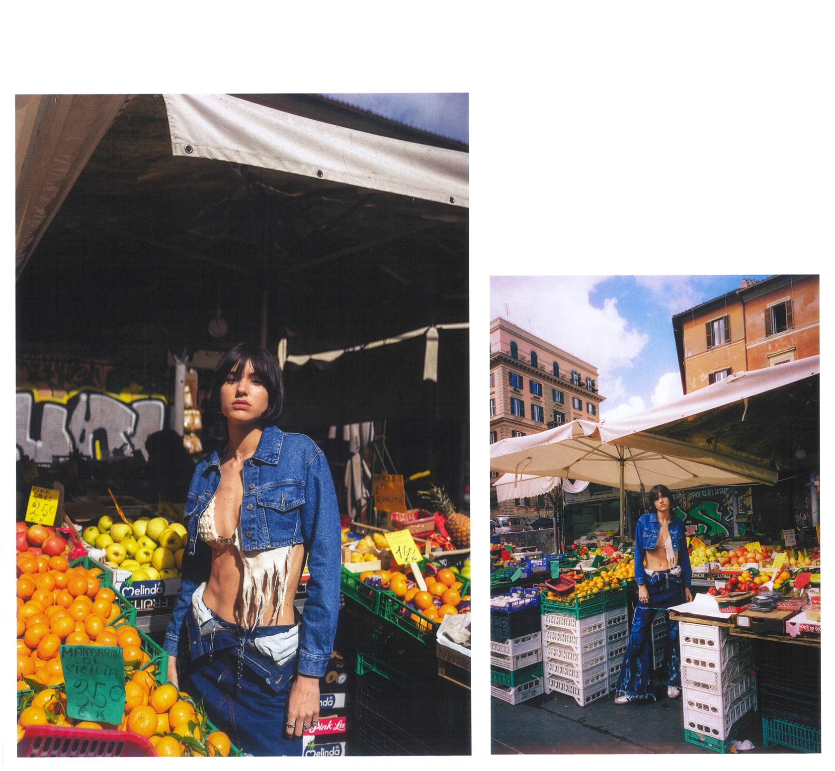 Livia Zucconi at the market: Chiara Transocchi top, COLLAPSE jeans and skirt. Photography Lorenzo Nafissi.