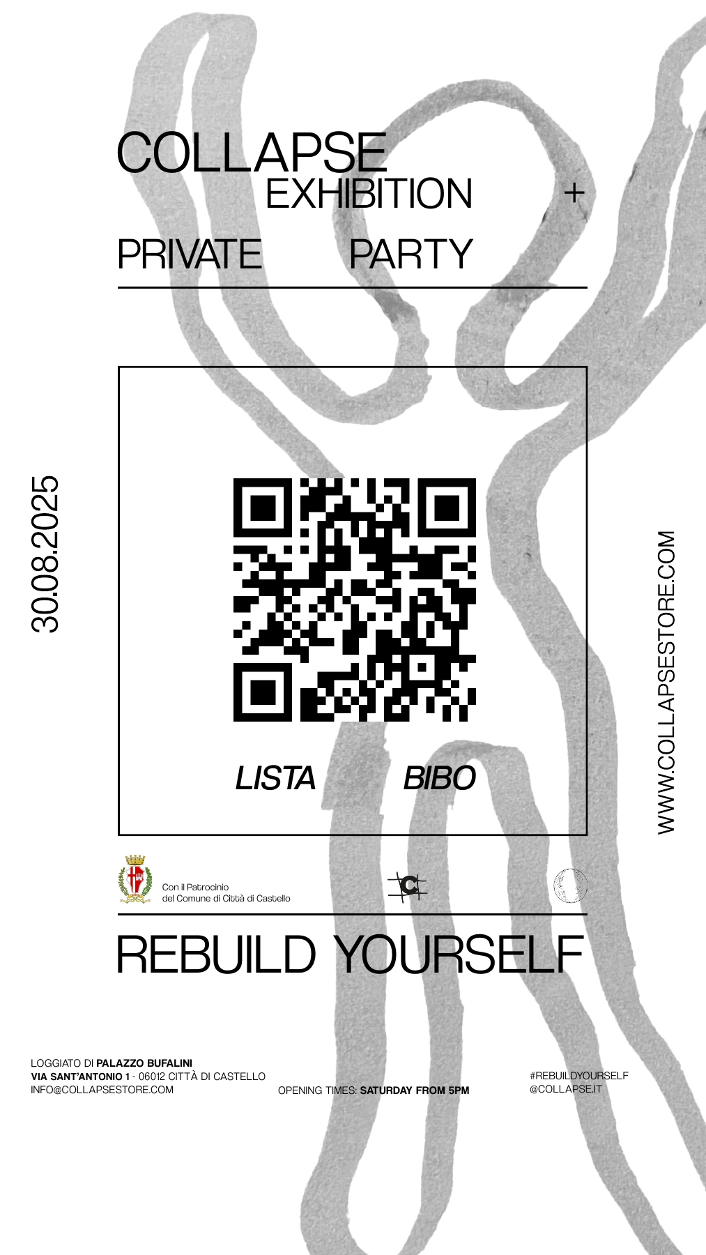 Original COLLAPSE EXHIBITION + PRIVATE PARTY LISTA BIBO digital ticket with QR code, presented on iPhone