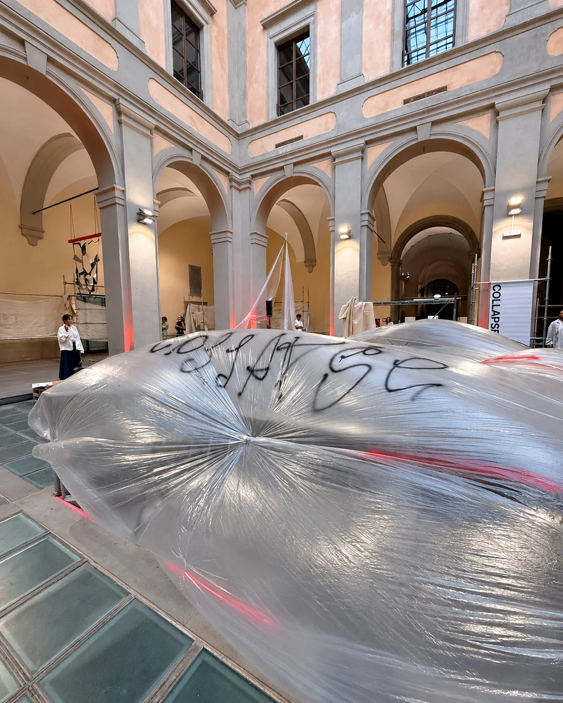Transparent film installation in the courtyard of Palazzo Bufalini