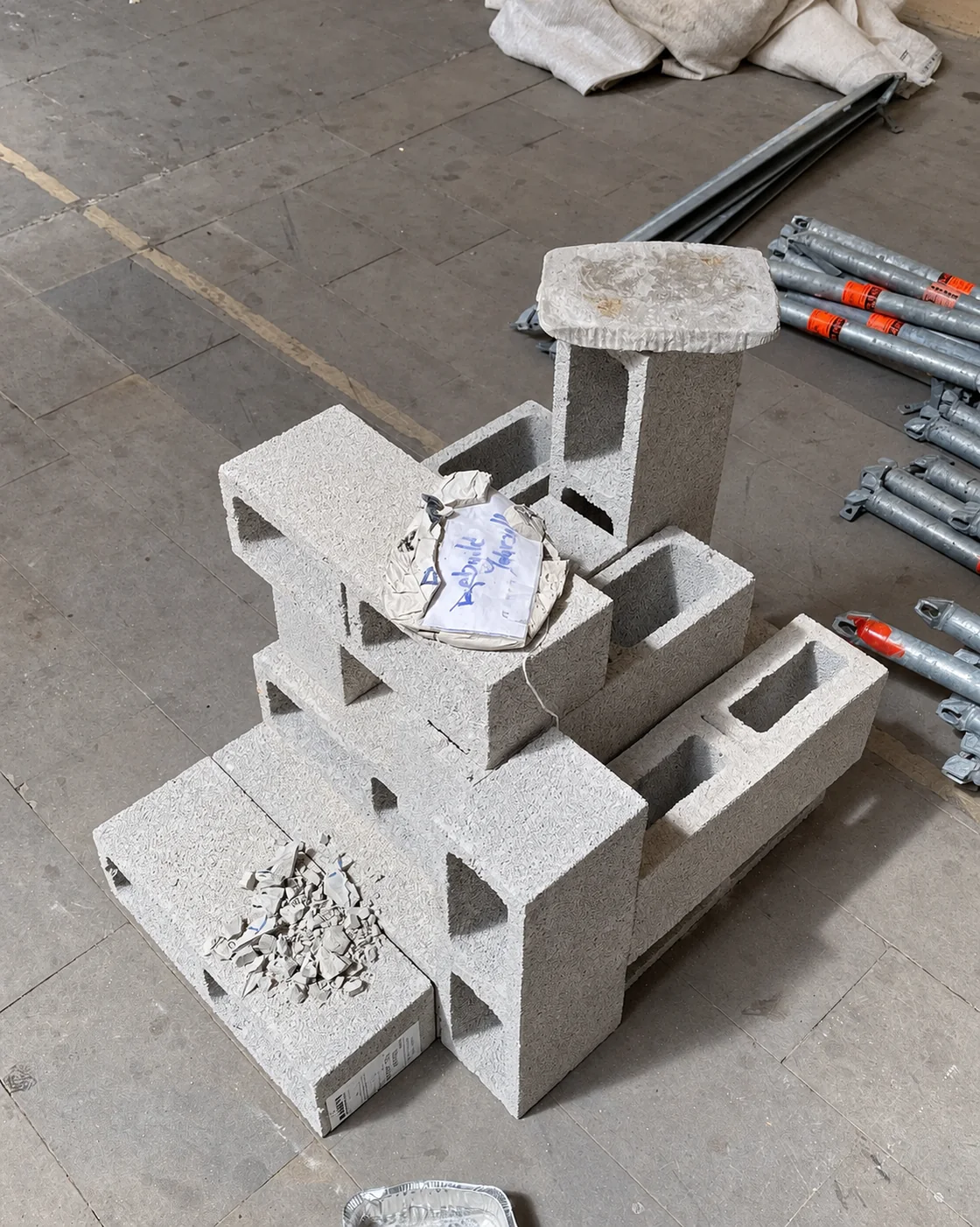 Concrete blocks and material fragments during exhibition installation